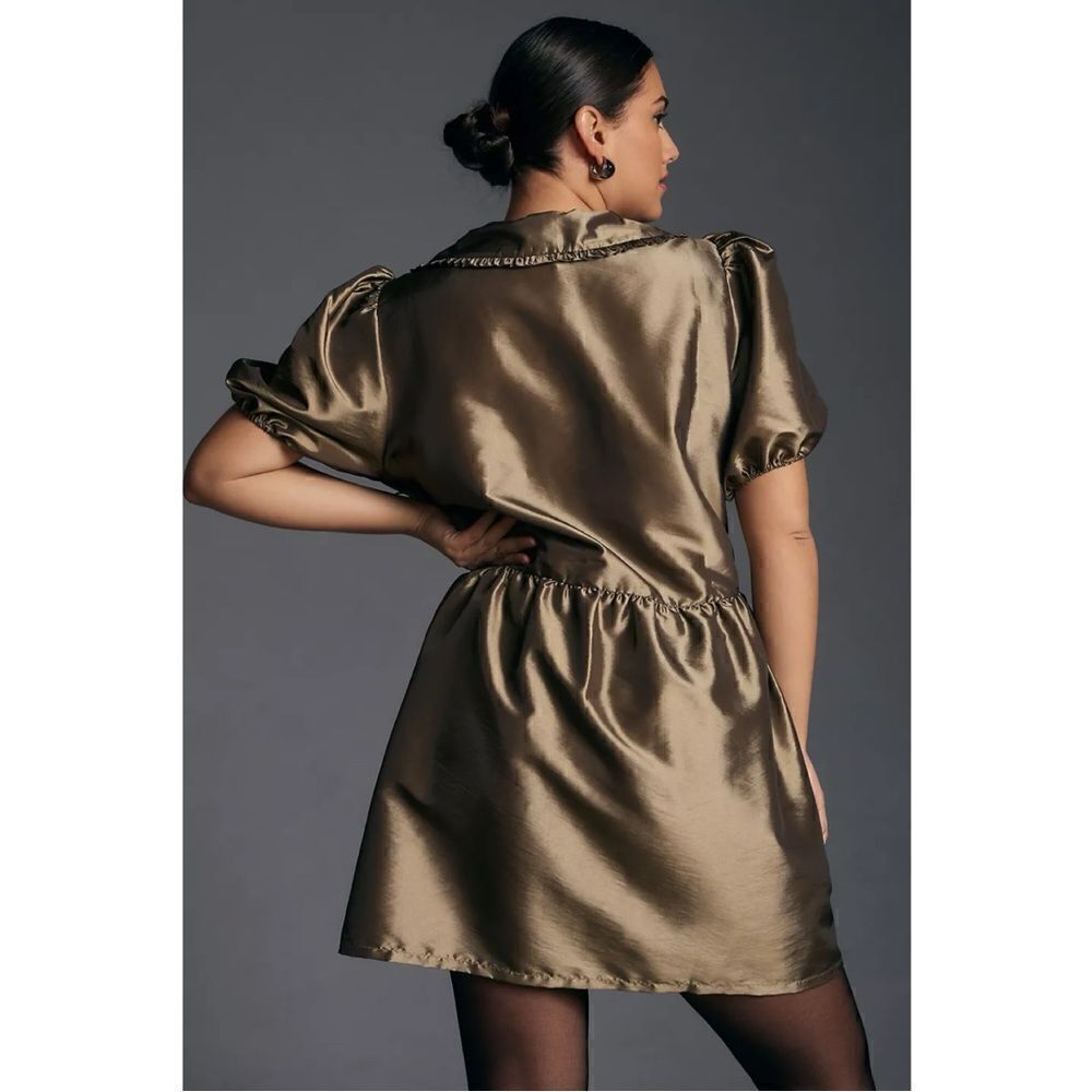 NEW Anthropologie Porridge Olive Short-Sleeve Collared Taffetta Mini Dress Large - Picture 5 of 7